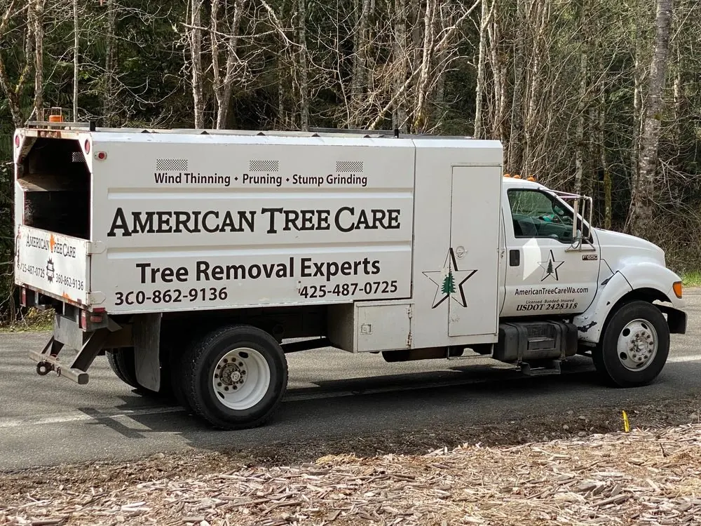 American Tree Care chip truck parked on a Snohomish County road