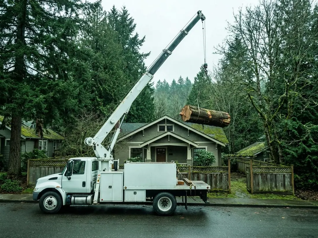 Boom truck lifting a large log section out of a tight backyard