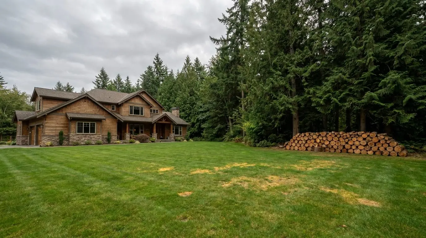 Clean open lawn beside a Pacific Northwest home after tree removal