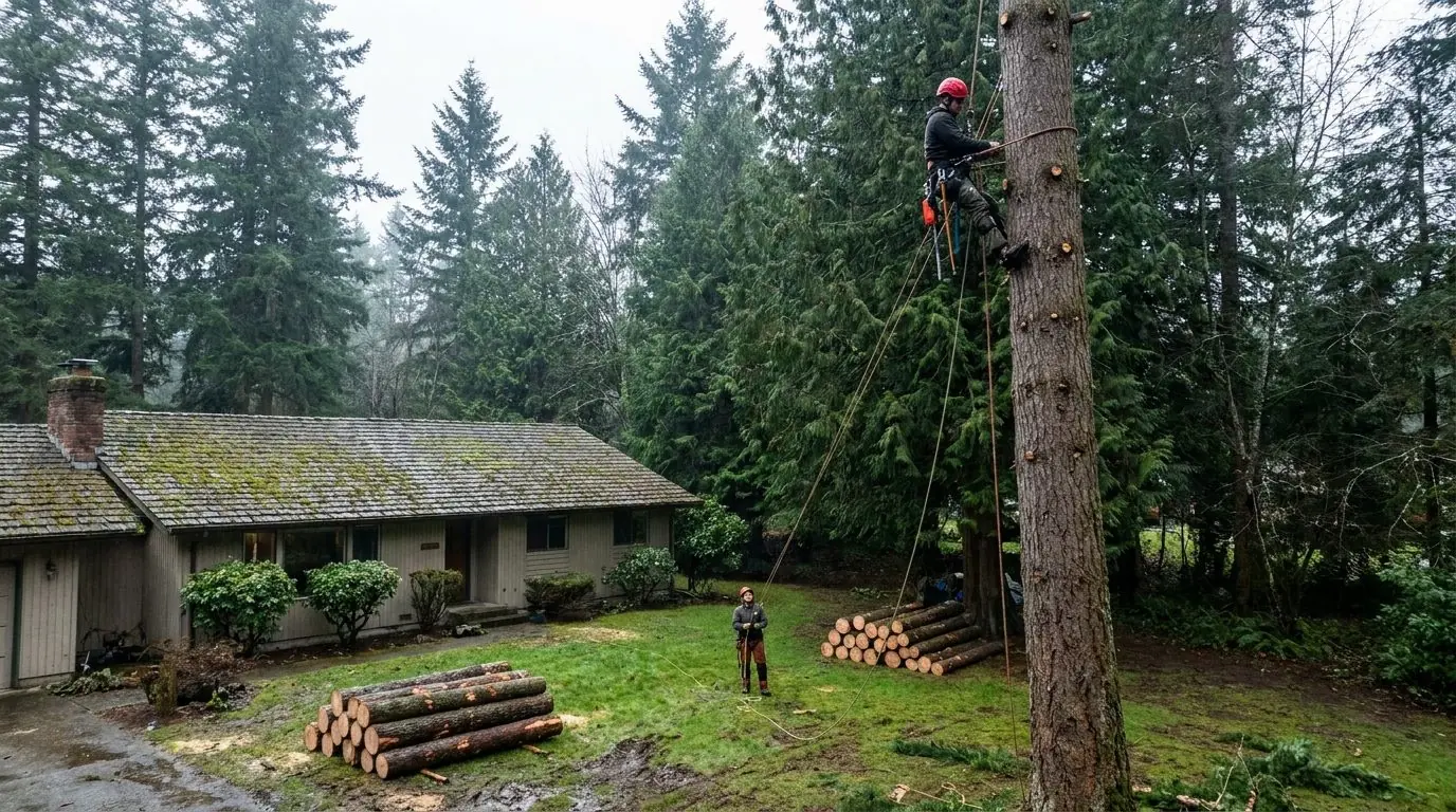 Arborist roped into a Douglas fir taking it down in sections beside a Snohomish home